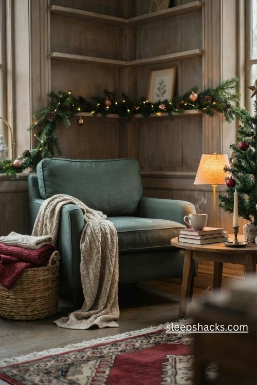 Cozy christmas reading corner with a cushioned armchair knitted throw cocoa mug seasonal books and warm holiday lighting