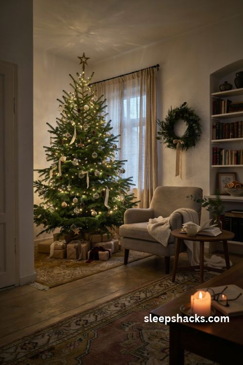 Cozy christmas tree ideas with warm glowing lights in a quiet traditional living room