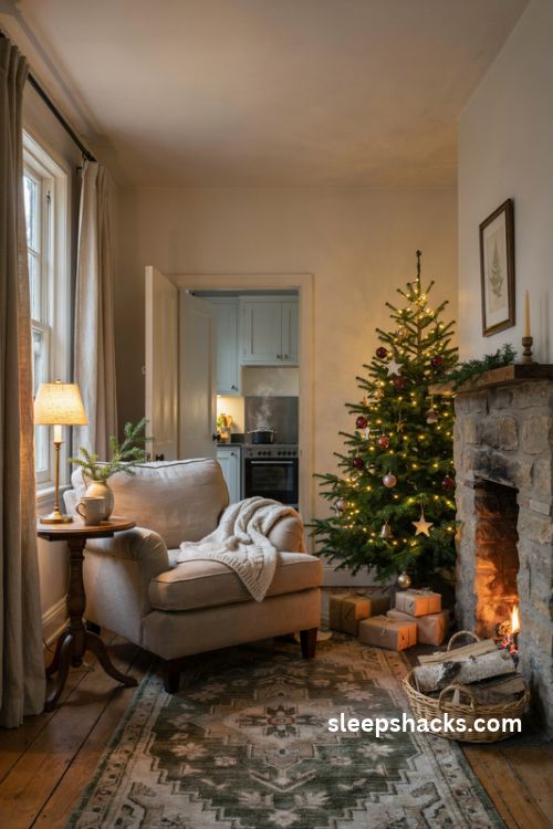 Cozy christmas vibes with warm lamplight soft blankets and simple farmhouse holiday decor