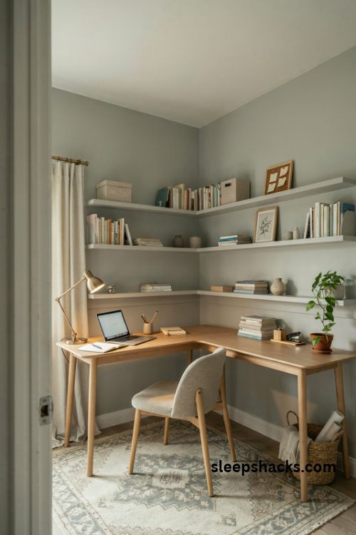 Cozy corner study nook with an L shaped oak desk sage green walls and floating bookshelves