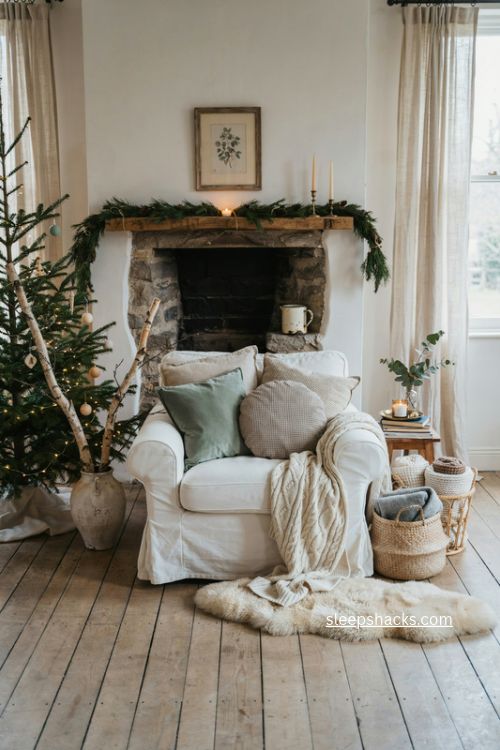 Cozy cottage Christmas living room with faux fur rug white sofa and soft layered textures 
