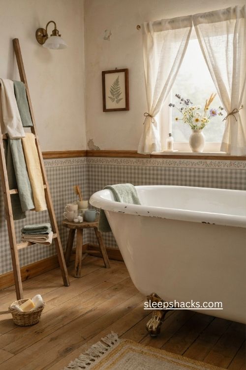 Cozy cottagecore Bloxburg bathroom ideas with floral wallpaper and vintage tub