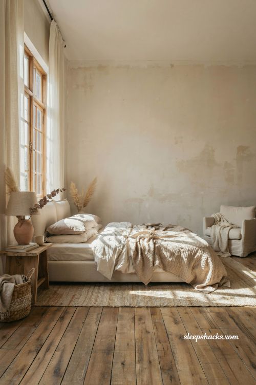 Cozy cream master bedroom with layered linen bedding and warm rustic wood accents