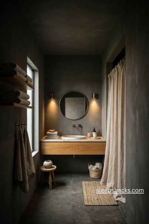 Cozy dark bathroom with cream cotton towels woven bath mat and natural linen shower curtain