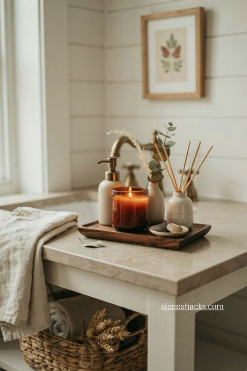 Cozy fall bathroom scent decor with amber candle diffuser and warm textures