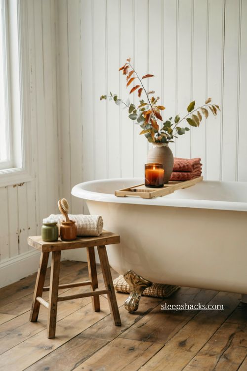 Cozy fall bathtub corner with bath tray candle and eucalyptus 