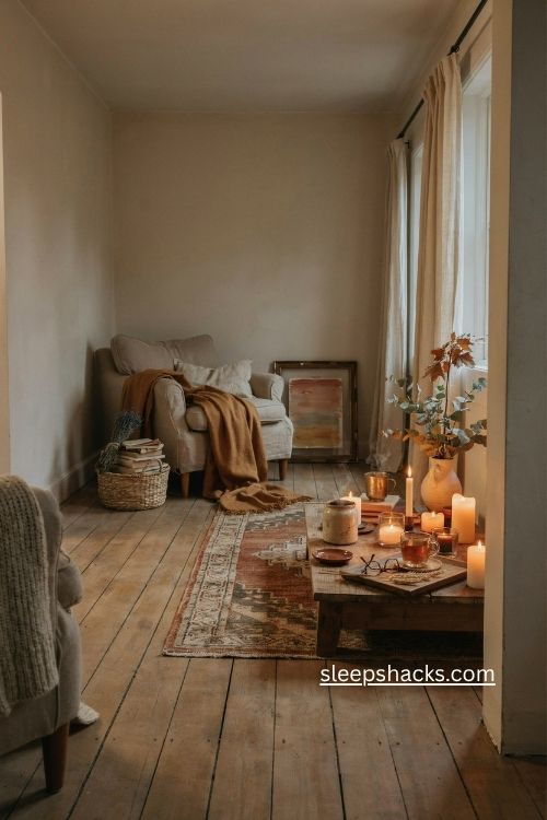Cozy fall cottage living room with candlelight mismatched baskets and warm textures