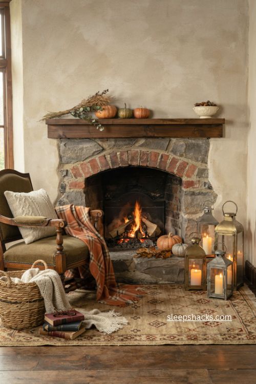 Cozy fall fireplace hearth decor with lanterns plaid blanket and knit basket 