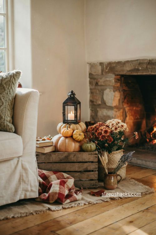 Cozy fall harvest corner with pumpkins lantern wooden crate mums and plaid blanket 