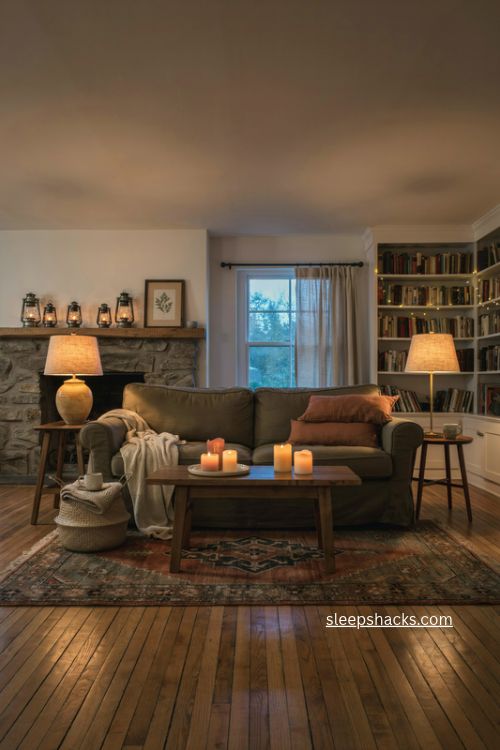 Cozy fall living room lighting with warm lamps lanterns string lights and candles 