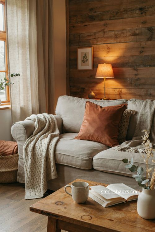 Cozy fall living room sofa with chunky knit blanket velvet pillows and woven throws 