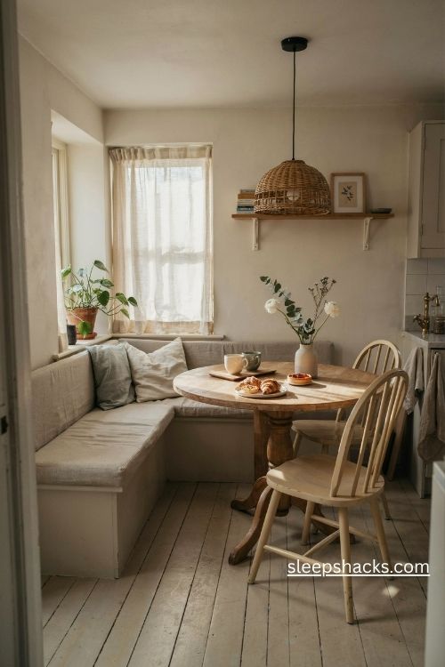 Cozy farmhouse breakfast nook with a round wooden table, corner bench, and soft cushions