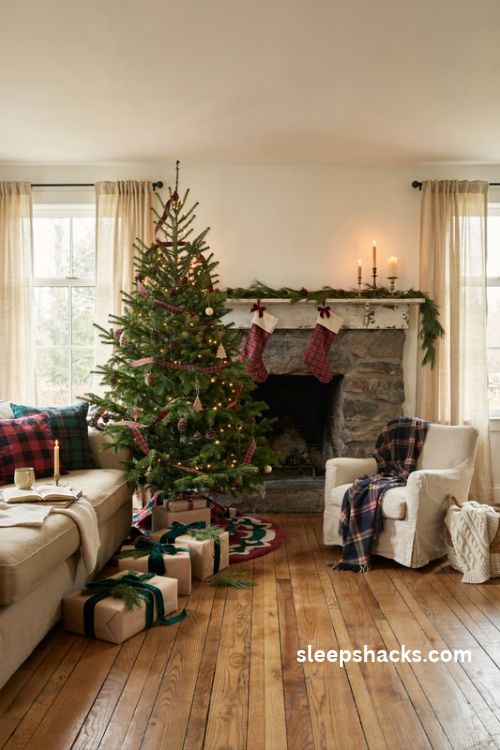 Cozy farmhouse plaid Christmas decor with tartan ribbons, festive stockings and warm rustic holiday accents