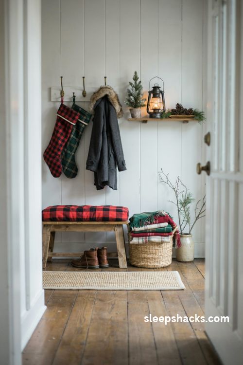 Cozy farmhouse plaid Christmas entryway bench with buffalo check cushion flannel blankets and festive decor