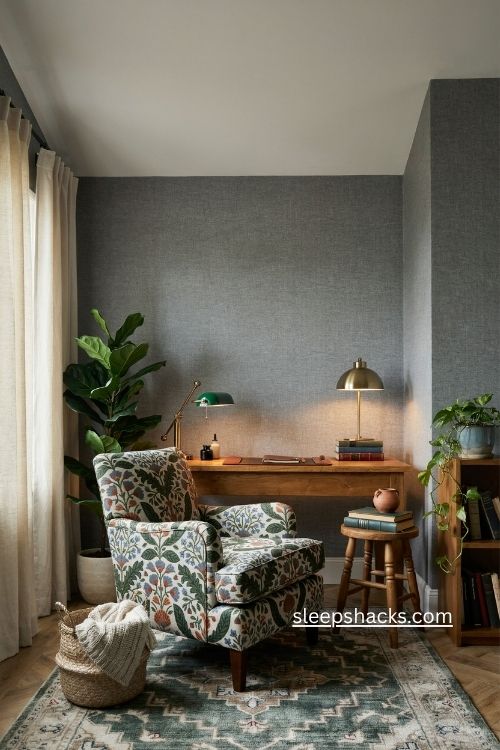 Cozy gray home study with flannel wallcovering warm wood desk and green plants