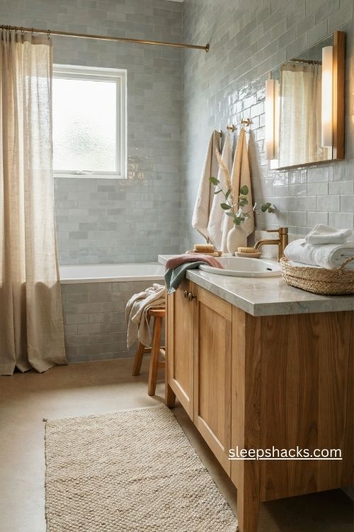 Wide-angle interior photography of a serene grey bathroom brought to life with fresh green plants, capturing the vanity, shower area, floating shelves, and thoughtfully arranged greenery in a cohesive, airy composition. The room feels like a peaceful botanical spa, where vibrant leaves soften the cool grey surfaces and introduce a natural sense of freshness, movement, and everyday tranquility. Modern organic design with relaxed Scandinavian and contemporary spa influences, combining simple architectural lines with natural materials and an effortlessly lived-in atmosphere. A calming palette of soft dove grey, warm greige, creamy white, natural oak, and rich leafy greens creates a refreshing contrast without making the space feel busy. Feature a lush green fern in a textured ceramic pot on a floating shelf, a trailing pothos cascading naturally from a wall-mounted planter, and a small bundle of fresh eucalyptus hanging from the shower head, with the leaves clearly defined against the grey tile. Arrange the plants at different heights in an attractive grouping, balancing delicate trailing vines with fuller fern fronds and upright foliage. Include a floating oak vanity, a pale grey stone countertop, a white ceramic basin, a frameless glass shower enclosure, understated brushed brass fixtures, neatly folded ivory towels, and a simple natural wood stool that reinforces the organic character. Show realistic leaf shapes, subtle veins, natural variations in green tones, and tactile ceramic and stone textures, with the plants looking healthy and naturally placed rather than artificially perfect. Soft daylight filters through a frosted bathroom window, illuminating the fresh foliage and creating gentle natural shadows across the grey walls, while warm ambient lighting adds a comfortable glow to the oak grain and muted stone surfaces. The atmosphere feels fresh, restorative, organic, and quietly luxurious, with living greenery breathing warmth and energy into the grey palette and turning an everyday bathroom into a calming personal sanctuary; soft colors that change the mood instantly, old textures that add warmth and depth, simple details that create lasting charm. no people, no text, no watermarks, no blur, no bokeh, all surfaces in sharp focus, photorealistic, ultra-realistic, 4K resolution, editorial interior photography, Pinterest-worthy, high click-through appeal. 
