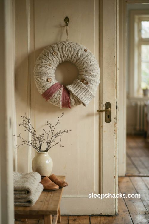 Cozy handmade christmas wreath wrapped in an old cream wool sweater with cable knit stitches and wooden buttons