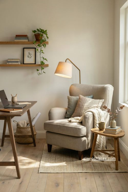 Cozy home office with comfy armchair reading corner floor lamp and side table 