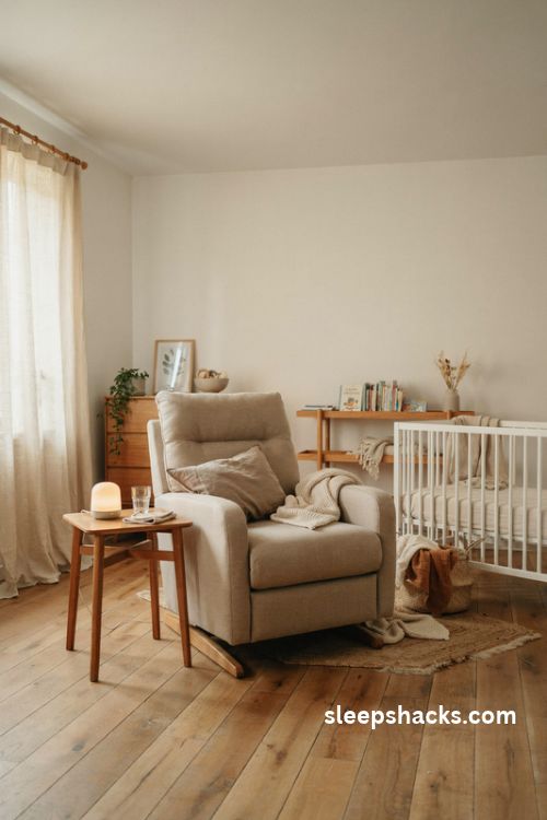 Cozy nursery glider rocking chair with oatmeal upholstery and warm neutral decor