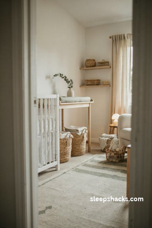 Cozy nursery with woven seagrass baskets rattan storage and natural wood accents