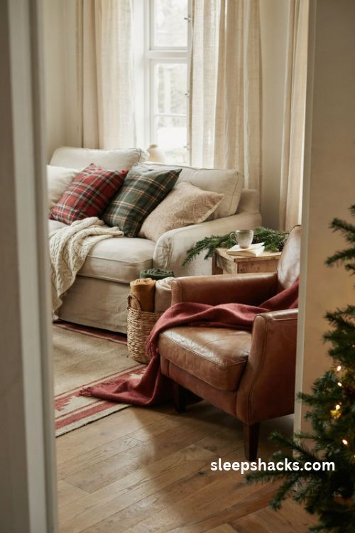 Cozy plaid flannel Christmas throws and layered tartan pillows on a farmhouse living room sofa