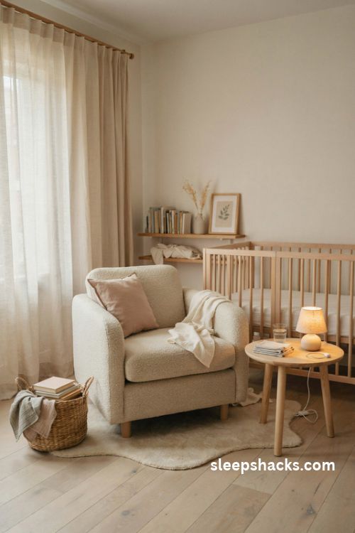 Cozy reading and feeding nook in a baby girl nursery with a comfortable armchair and warm lighting