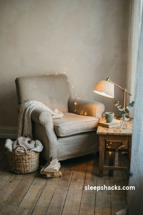 Cozy reading corner with a vintage armchair warm fairy lights knitted blanket basket of books and a reading lamp