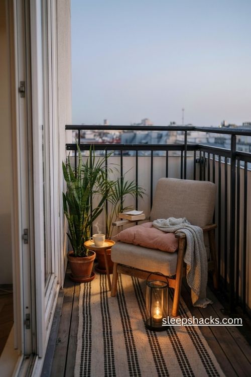 Cozy reading nook on a small flat balcony with a comfortable armchair plants and warm lantern lighting