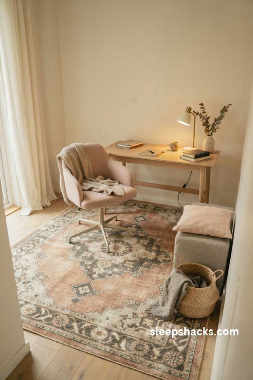 Cozy rug and throw blanket for a feminine home office