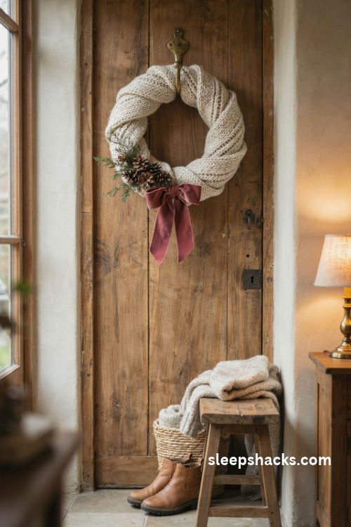 Cozy scarf christmas wreath with chunky cream knit pinecones evergreen sprigs and velvet bow