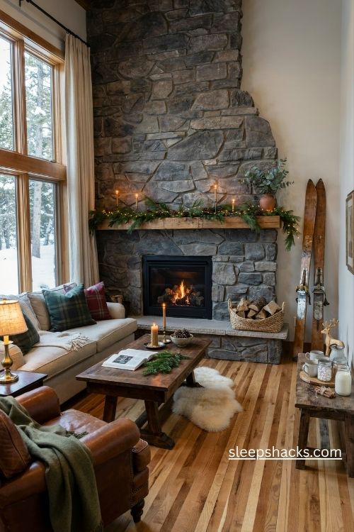 Cozy ski lodge christmas decor with chunky knit throws wooden skis plaid pillows and a warm cocoa station