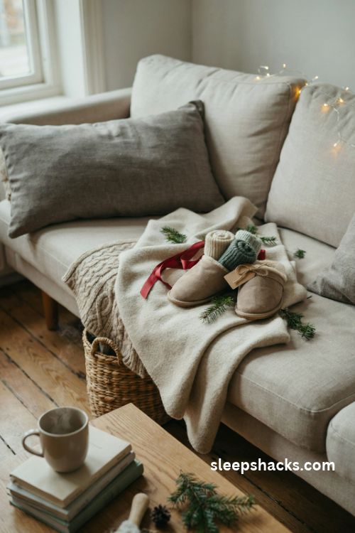 Cozy slippers and wool socks Christmas present idea with soft fleece lined house shoes ribbon gift wrapping and warm neutral living room decor