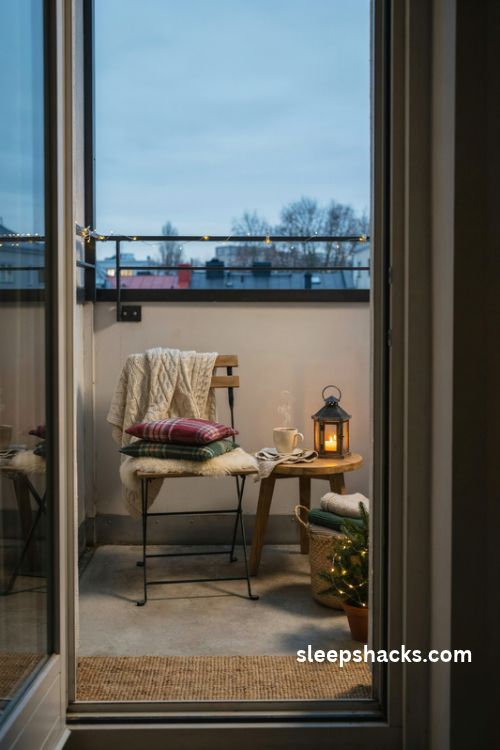 Cozy small balcony Christmas seating corner with a chunky knit blanket plaid cushions a warm lantern and a miniature lit evergreen tree