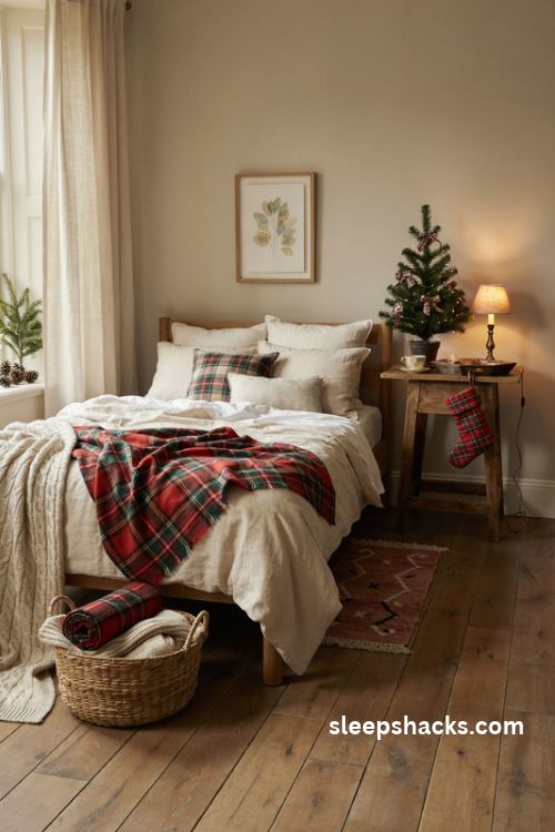 Cozy tartan Christmas bedroom decor with plaid wool throw white bedding and mini tree