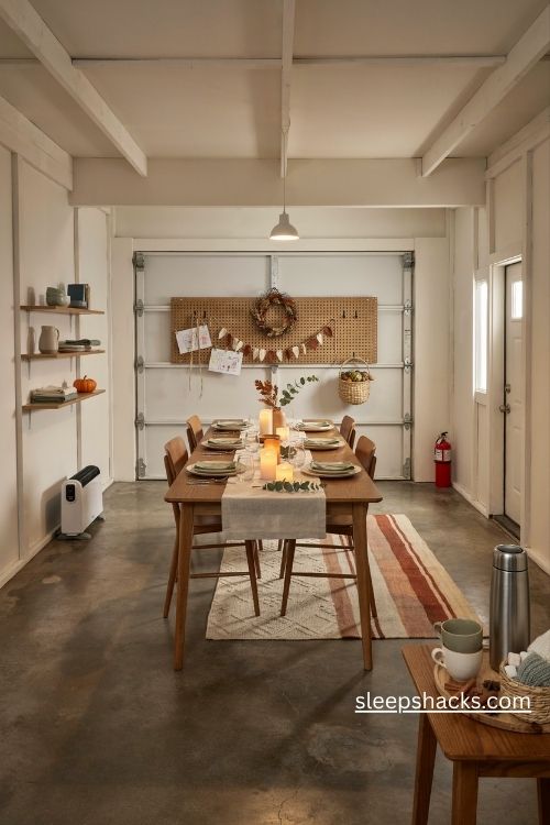 Cozy thanksgiving garage dining space with layered rugs safe electric heating and a warm cider coffee station