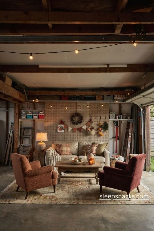 Cozy thanksgiving garage lounge corner with a comfortable sofa autumn throw pillows warm lamp and rustic farmhouse decor
