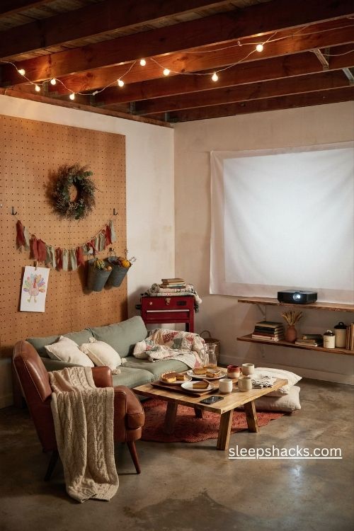 Cozy thanksgiving garage movie night with a simple projector screen layered blankets warm string lights and leftover pie