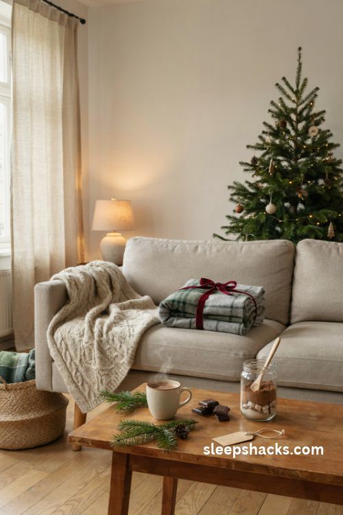 Cozy throw blanket Christmas present idea with chunky knit cream blanket velvet ribbon hot chocolate gift set and warm neutral living room decor