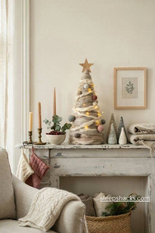Cozy wool Christmas tree with handmade felt decorations and natural Scandinavian holiday decor