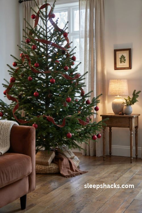 Cranberry Christmas ornaments with cocoa velvet ribbon flowing through a cozy rustic Christmas tree