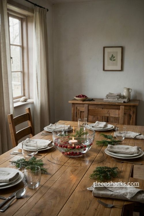 Cranberry and evergreen centerpiece with a floating candle for christmas dinner