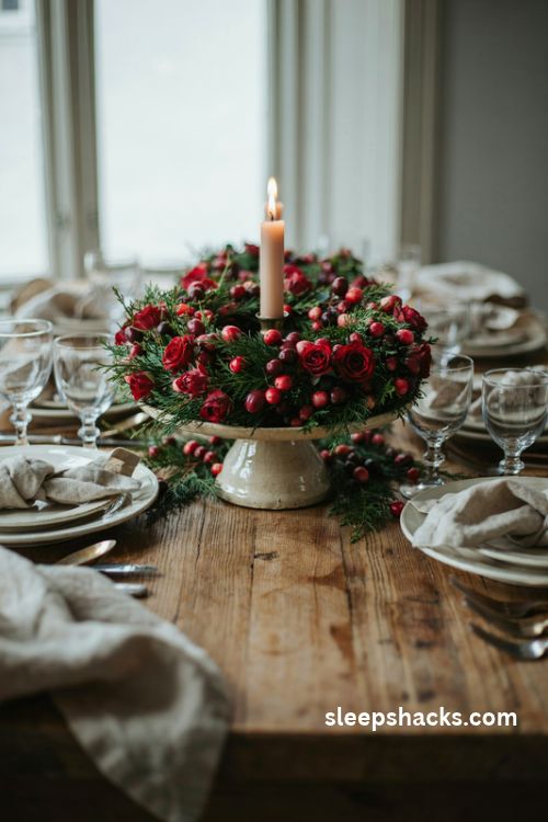 Cranberry and red rose Christmas candle ring with fresh cedar greenery and ivory centerpiece