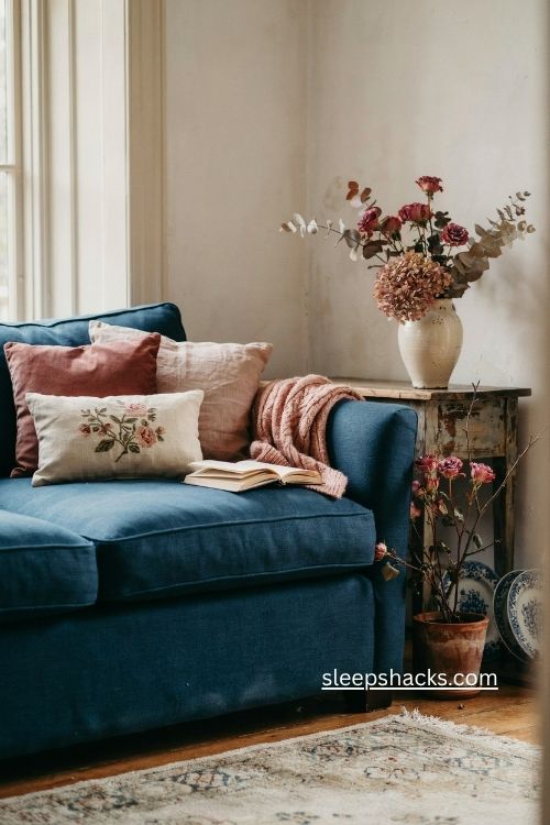Cranberry blush and pink accents with blue and white fall decor