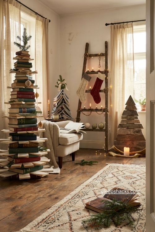 Crazy christmas trees with playful diy holiday ideas in a cozy small living room 