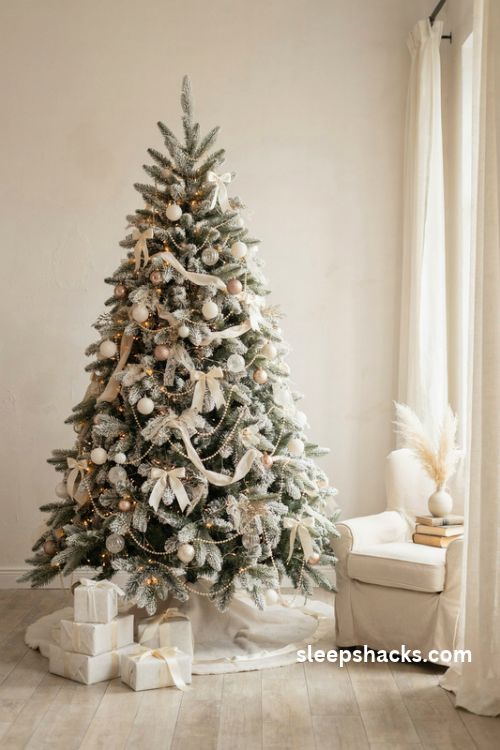 Cream and white coquette Christmas tree with pearl garlands velvet bows and frosted ornaments