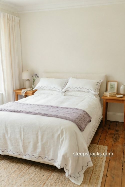 Cream bedroom with white bedspread and wavy purple border trim