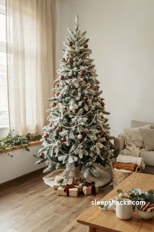 Cream flocked Christmas tree with chocolate brown ornaments warm white lights and cozy neutral decor