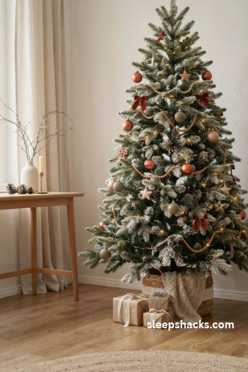Cream flocked Christmas tree with terracotta rust and olive earth tone ornaments