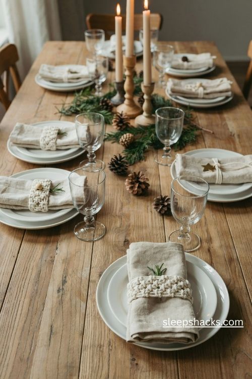 Cream macrame Christmas napkin rings with square knots linen napkins and rustic holiday table decor