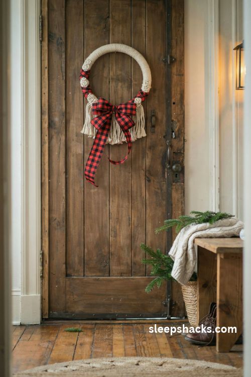 Cream macrame christmas wreath with red and black buffalo plaid ribbon and oversized bow
